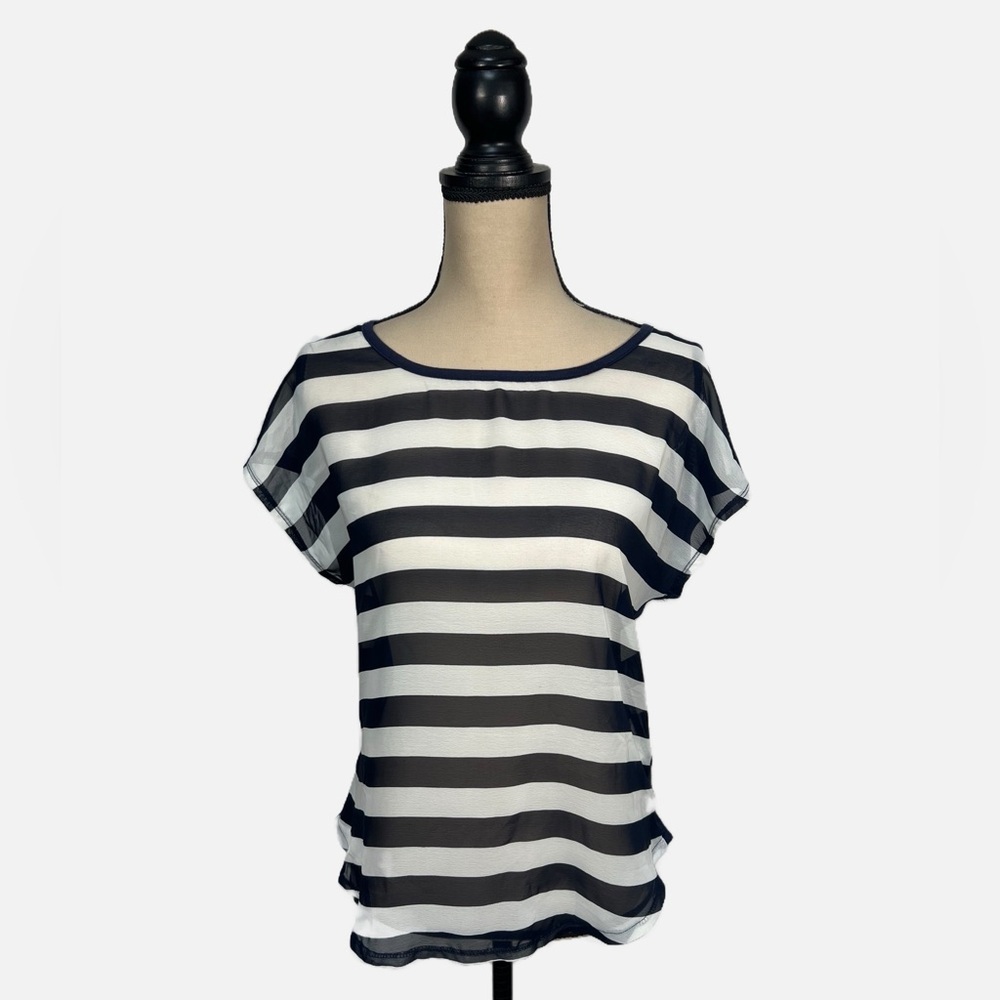 NWT Rewind Semi Sheer Striped Blouse Navy White Size M Chic Trendy